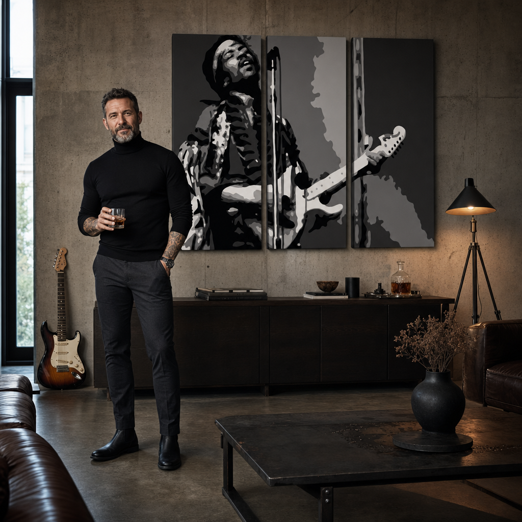 Kézzel festett POP Art festmény Jimmy Hendrix 3 darab jh – kép modern férfi belső térben, lifestyle vizualizáció. Domináns színek: fekete, fehér, szürke.
