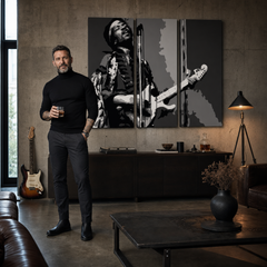 Kézzel festett POP Art festmény Jimmy Hendrix 3 darab jh – kép modern férfi belső térben, lifestyle vizualizáció. Domináns színek: fekete, fehér, szürke.