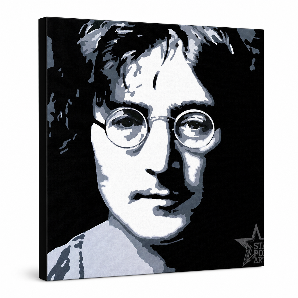 Kézzel festett POP Art festmény John Lennon 1 db jl – 3D látvány a kézzel festett vászonról fehér háttéren. Domináns színek: fekete, fehér, szürke.