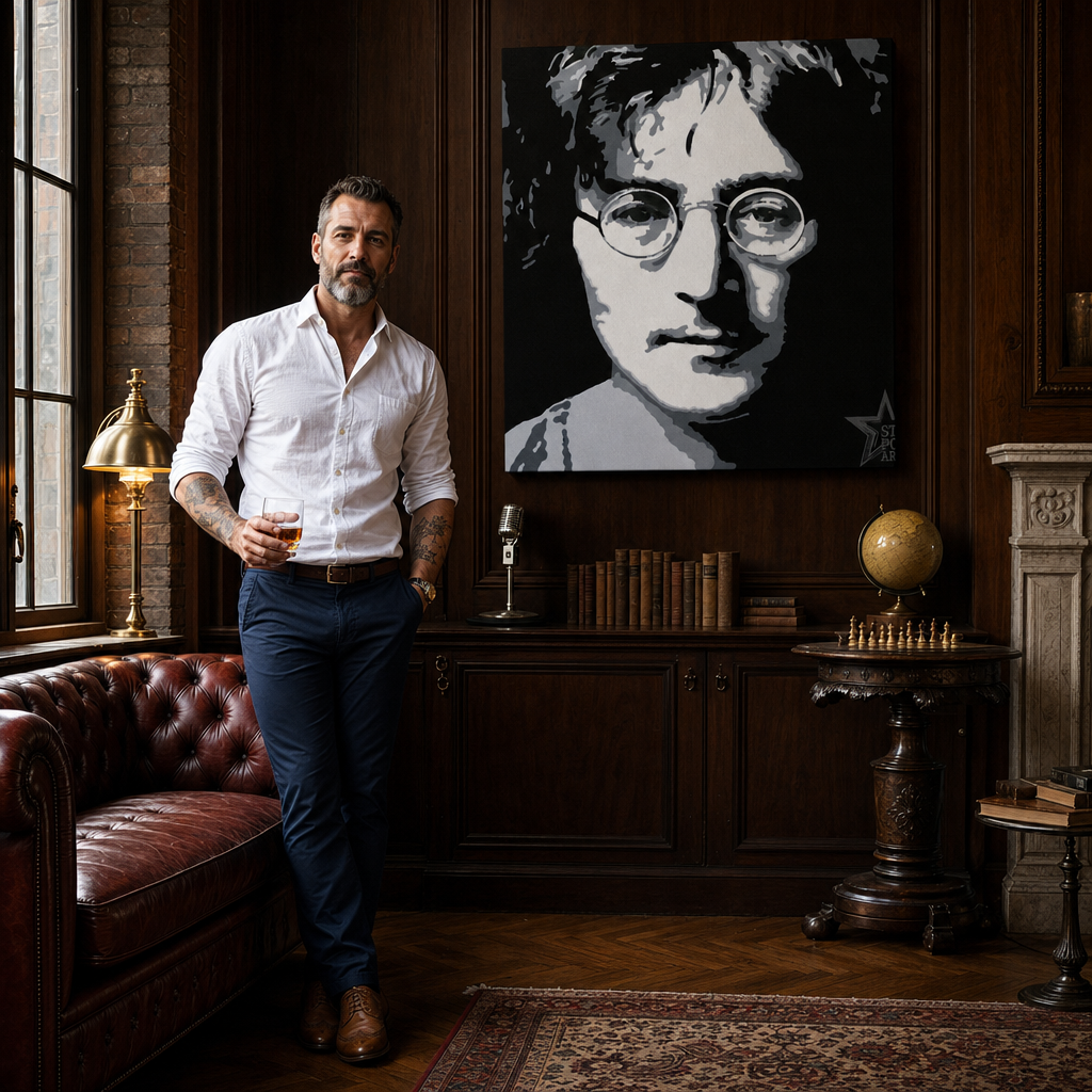 Kézzel festett POP Art festmény John Lennon 1 db jl – kép modern férfi belső térben, lifestyle vizualizáció. Domináns színek: fekete, fehér, szürke.