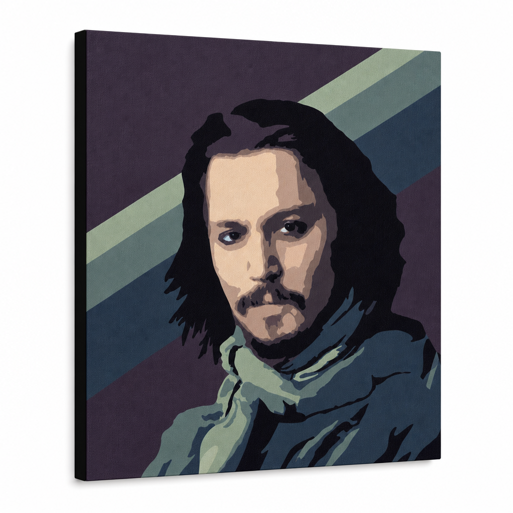 Kézzel festett POP Art festmény Johnny Depp1 darab jd – 3D látvány a kézzel festett vászonról fehér háttéren. Domináns színek: lila, kék, fekete, bézs, zöld.