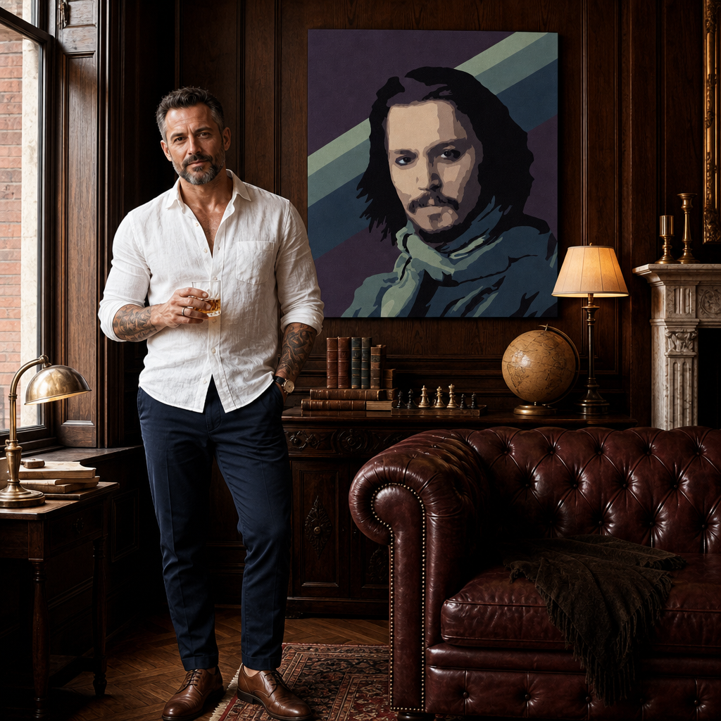 Kézzel festett POP Art festmény Johnny Depp1 darab jd – kép modern férfi belső térben, lifestyle vizualizáció. Domináns színek: lila, kék, fekete, bézs, zöld.