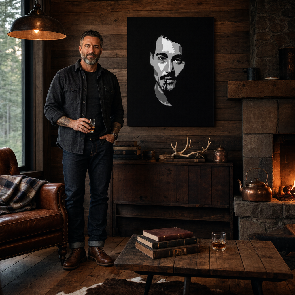 Kézzel festett POP Art festmény Johnny Depp1 rész jd2 – kép modern férfi belső térben, lifestyle vizualizáció. Domináns színek: fekete, fehér, szürke.