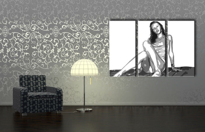 Pop art vászonkép motívummal: Kate Moss, természet fehér-fekete árnyalatokban felakasztva az enteriőrben nappali számára, szépség | Kézzel festett POP Art kép Kate Moss – enteriőr