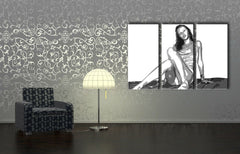 Pop art vászonkép motívummal: Kate Moss, természet fehér-fekete árnyalatokban felakasztva az enteriőrben nappali számára, szépség | Kézzel festett POP Art kép Kate Moss – enteriőr