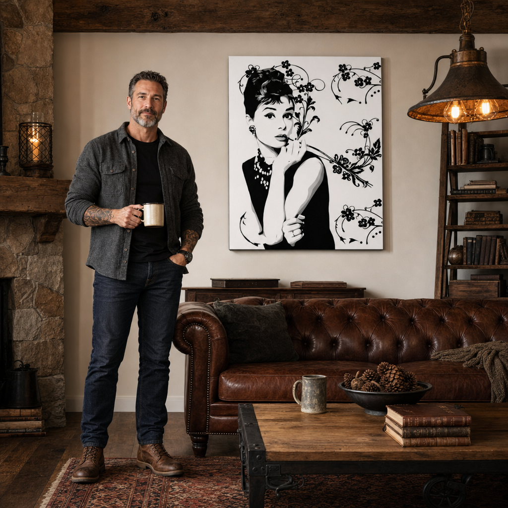 Kézzel festett POP Art festmény Kedvezmény -15% Audrey Hepburn ah4 – kép modern férfi belső térben, lifestyle vizualizáció. Domináns színek: fekete, fehér, szürke.