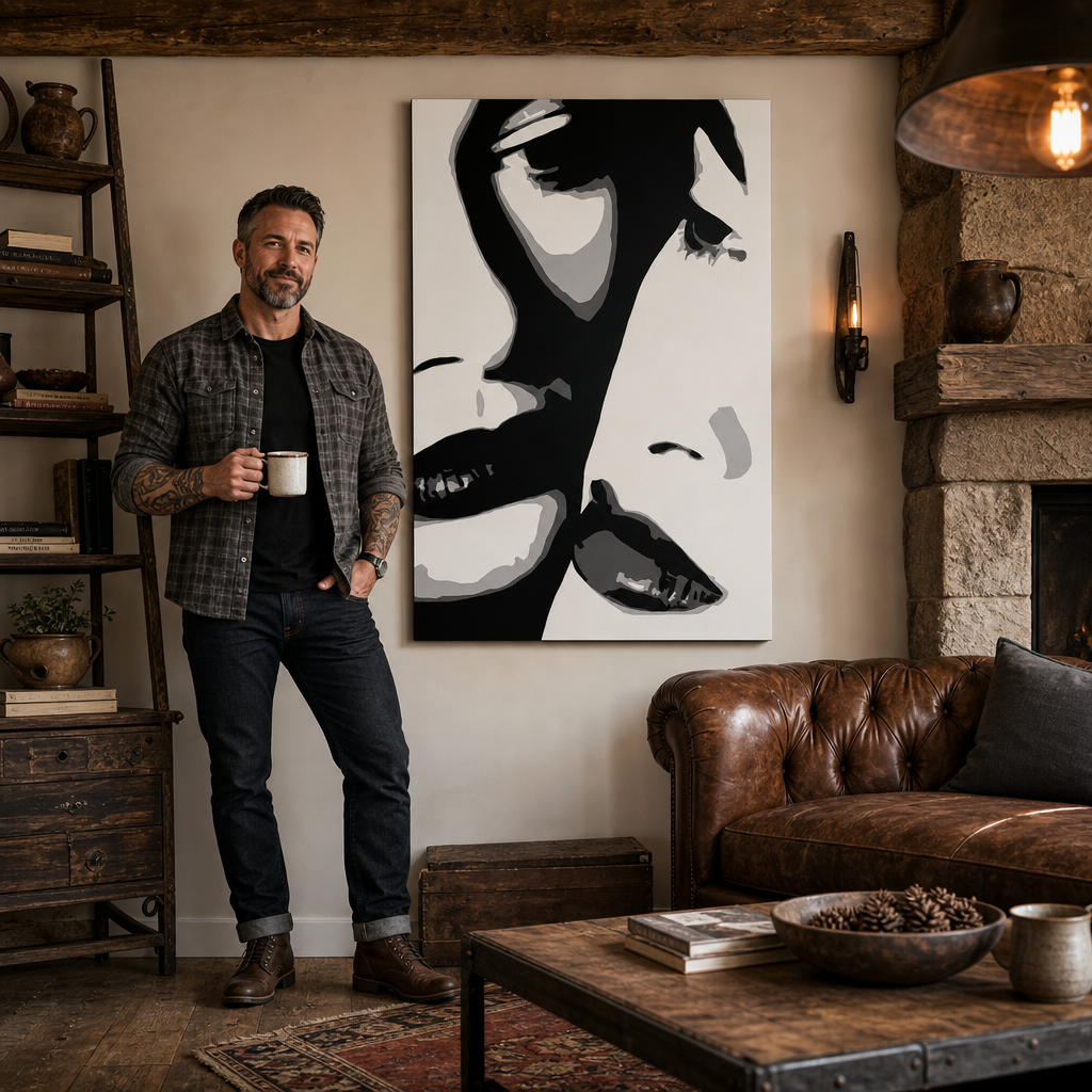 Kézzel festett POP Art festmény Két nő 1 db 00 2w – kép modern férfi belső térben, lifestyle vizualizáció. Domináns színek: fekete, fehér, szürke.
