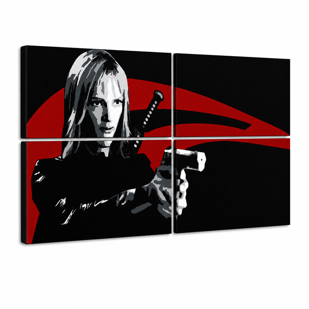 Kézzel festett POP Art festmény Kill Bill 4 db kb – 3D látvány a kézzel festett vászonról fehér háttéren. Domináns színek: fekete, piros, fehér.