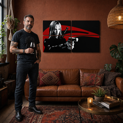 Kézzel festett POP Art festmény Kill Bill 4 db kb – kép modern férfi belső térben, lifestyle vizualizáció. Domináns színek: fekete, piros, fehér.