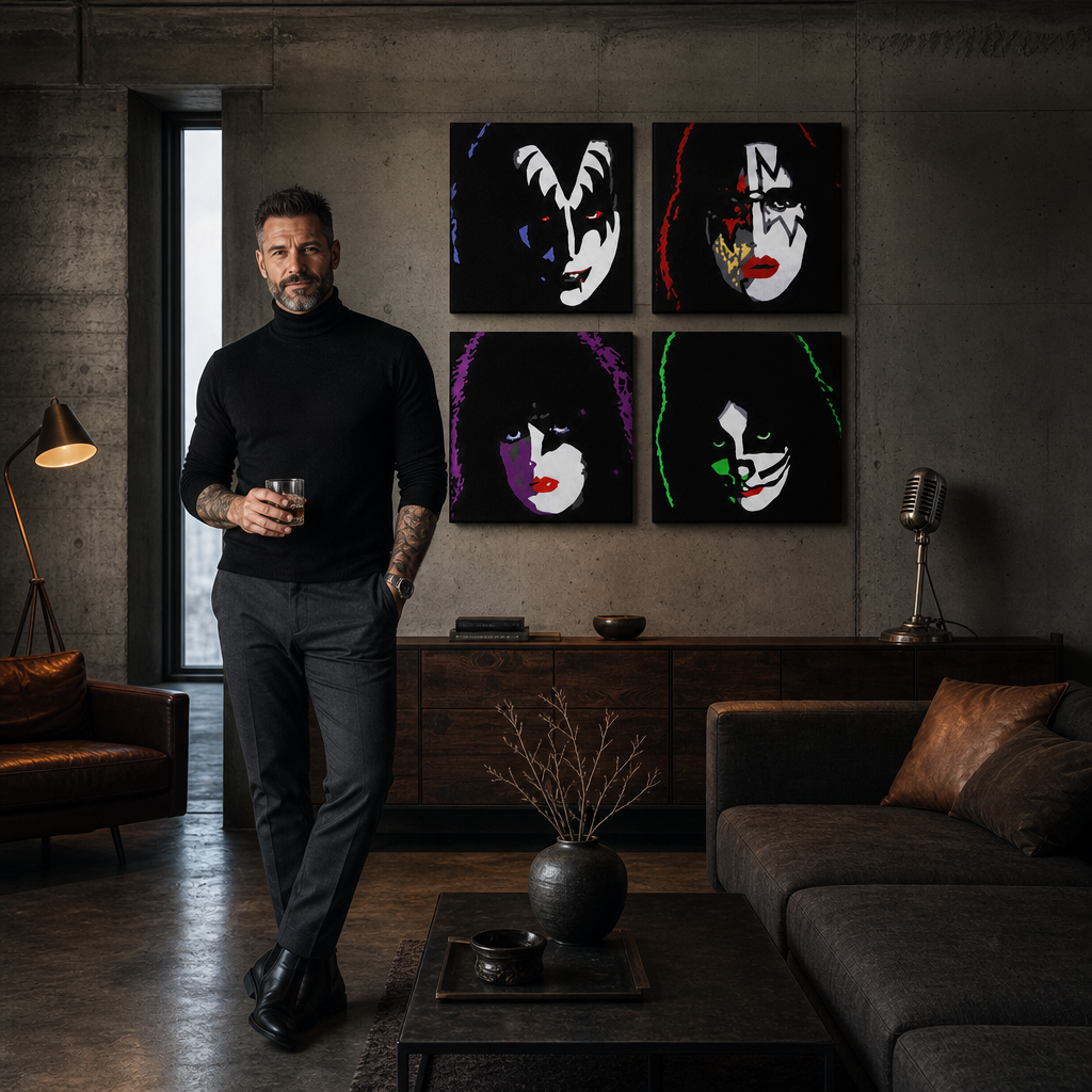 Kézzel festett POP Art festmény Kiss 4 db csók – kép modern férfi belső térben, lifestyle vizualizáció. Domináns színek: fekete, fehér, piros, zöld, lila.