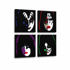 Kézzel festett POP Art festmény Kiss 4 db csók – 3D látvány a kézzel festett vászonról fehér háttéren. Domináns színek: fekete, fehér, piros, zöld, lila.