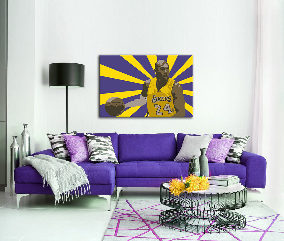 Pop art vászonkép motívummal: Koby Bryant, virágok, térkép, természet, sport motívum fehér-lila árnyalatokban, energikus hangulat, alkalmas a nappali számára – fő