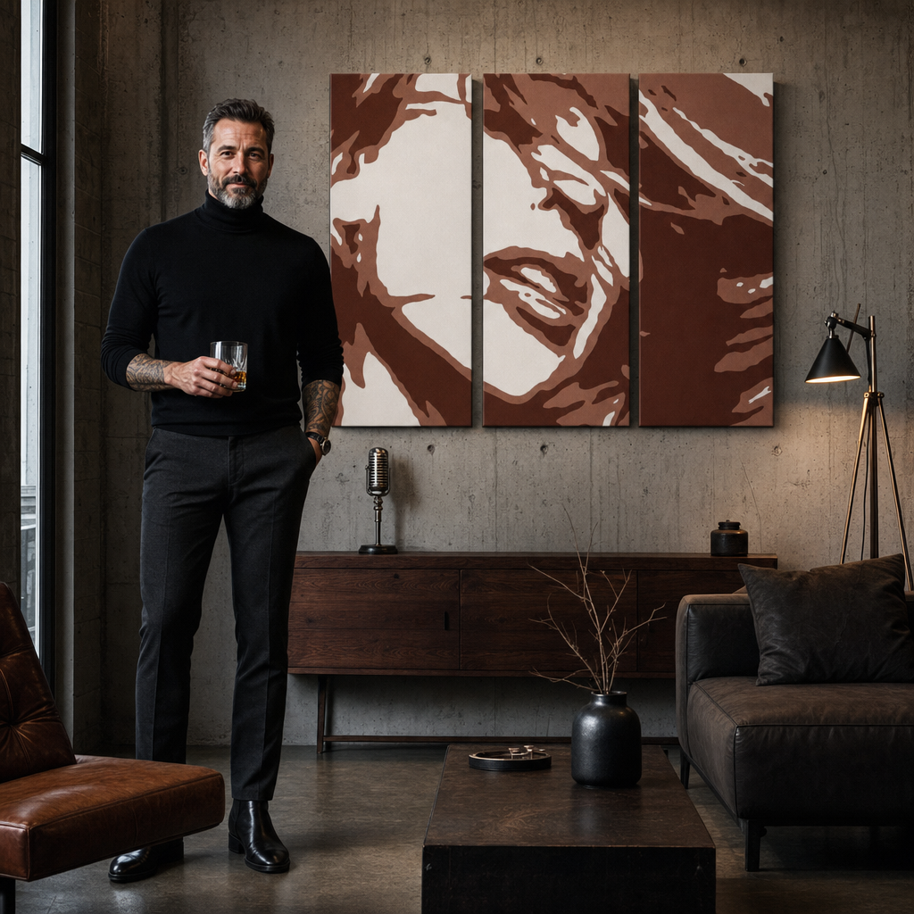 Kézzel festett POP Art festmény Kylie Minogue 3 darab – kép modern férfi belső térben, lifestyle vizualizáció. Domináns színek: barna, fehér, narancssárga.