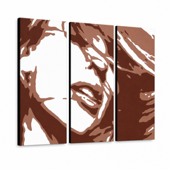 Kézzel festett POP Art festmény Kylie Minogue 3 darab – 3D látvány a kézzel festett vászonról fehér háttéren. Domináns színek: barna, fehér, narancssárga.