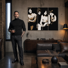 Kézzel festett POP Art festmény Led zepelin 3 darab lz – kép modern férfi belső térben, lifestyle vizualizáció. Domináns színek: fekete, bézs, barna.