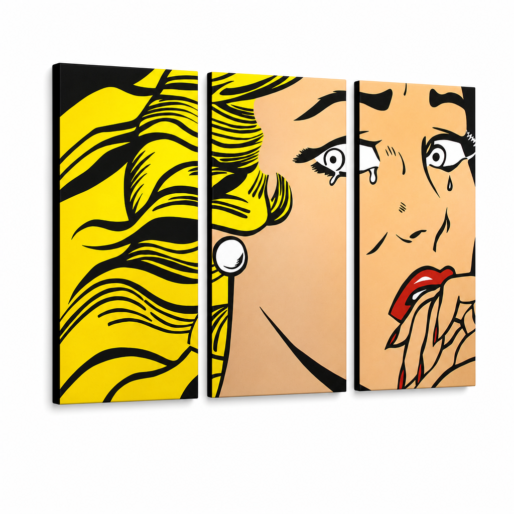 Kézzel festett POP Art festmény LICHTENSTEIN 3 darab li3/x2 – 3D látvány a kézzel festett vászonról fehér háttéren. Domináns színek: sárga, fekete, rózsaszín.