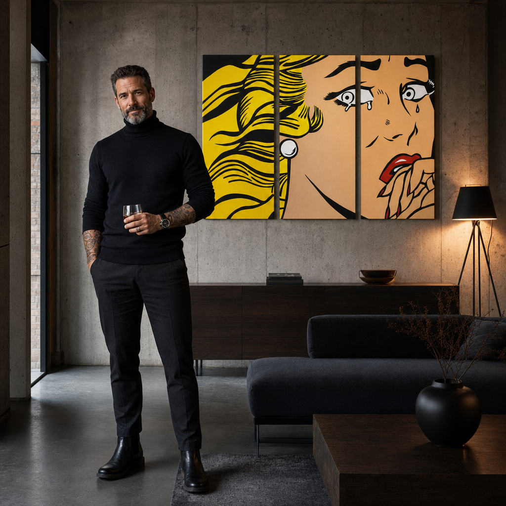 Kézzel festett POP Art festmény LICHTENSTEIN 3 darab li3/x2 – kép modern férfi belső térben, lifestyle vizualizáció. Domináns színek: sárga, fekete, rózsaszín.