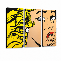 Kézzel festett POP Art festmény LICHTENSTEIN 3 darab li3/x2 – 3D látvány a kézzel festett vászonról fehér háttéren. Domináns színek: sárga, fekete, rózsaszín.