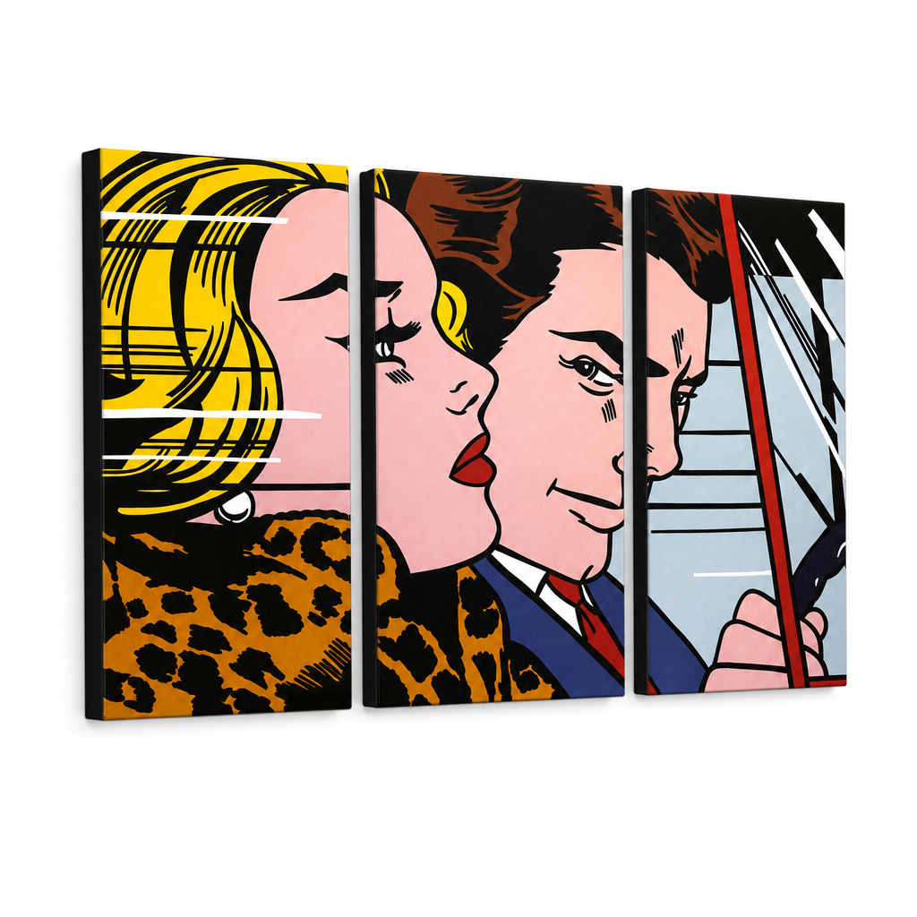 Kézzel festett POP Art festmény LICHTENSTEIN 3 darab li4 – 3D látvány a kézzel festett vászonról fehér háttéren. Domináns színek: sárga, fekete, rózsaszín, kék, barna.