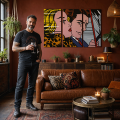 Kézzel festett POP Art festmény LICHTENSTEIN 3 darab li4 – kép modern férfi belső térben, lifestyle vizualizáció. Domináns színek: sárga, fekete, rózsaszín, kék, barna.