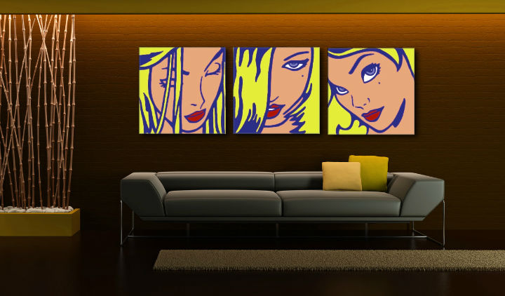 Pop art vászonkép motívummal: LICHTENSTEIN kék-piros árnyalatokban felakasztva az enteriőrben nappali számára, játékos hangulat, szépség és ikonográfia – enteriőr