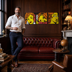 Kézzel festett POP Art festmény LICHTENSTEIN 3 darab li7 – kép modern férfi belső térben, lifestyle vizualizáció. Domináns színek: sárga, fekete, narancssárga.