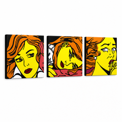 Kézzel festett POP Art festmény LICHTENSTEIN 3 darab li7 – 3D látvány a kézzel festett vászonról fehér háttéren. Domináns színek: sárga, fekete, narancssárga.