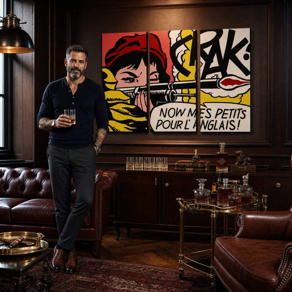 Kézzel festett POP Art festmény LICHTENSTEIN 3 darab li8 – kép modern férfi belső térben, lifestyle vizualizáció. Domináns színek: piros, sárga, fekete, fehér, narancssárga.