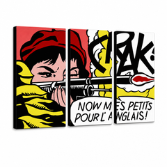 Kézzel festett POP Art festmény LICHTENSTEIN 3 darab li8 – 3D látvány a kézzel festett vászonról fehér háttéren. Domináns színek: piros, sárga, fekete, fehér, narancssárga.