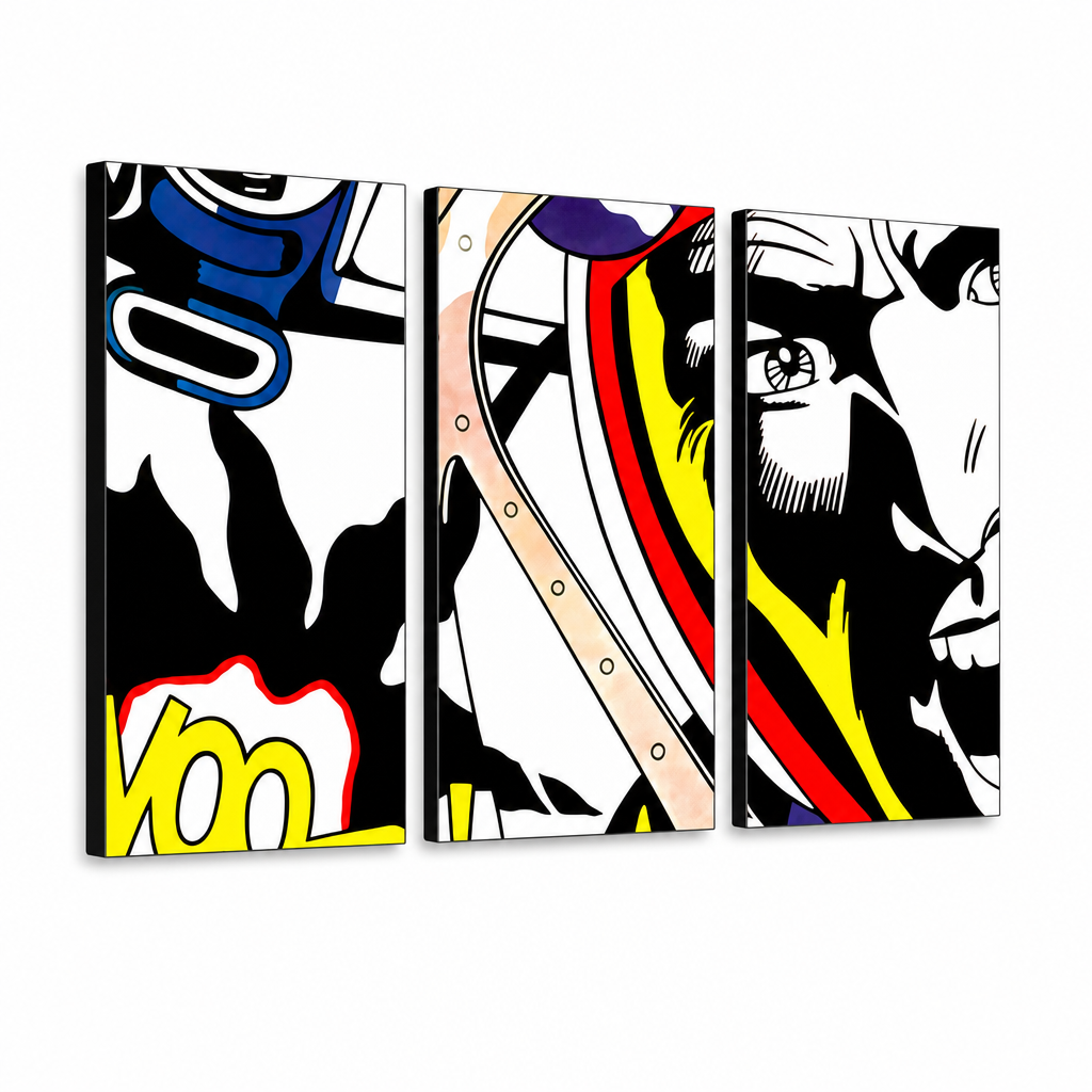Kézzel festett POP Art festmény LICHTENSTEIN 3 db li – 3D látvány a kézzel festett vászonról fehér háttéren. Domináns színek: fekete, sárga, piros, kék, fehér.