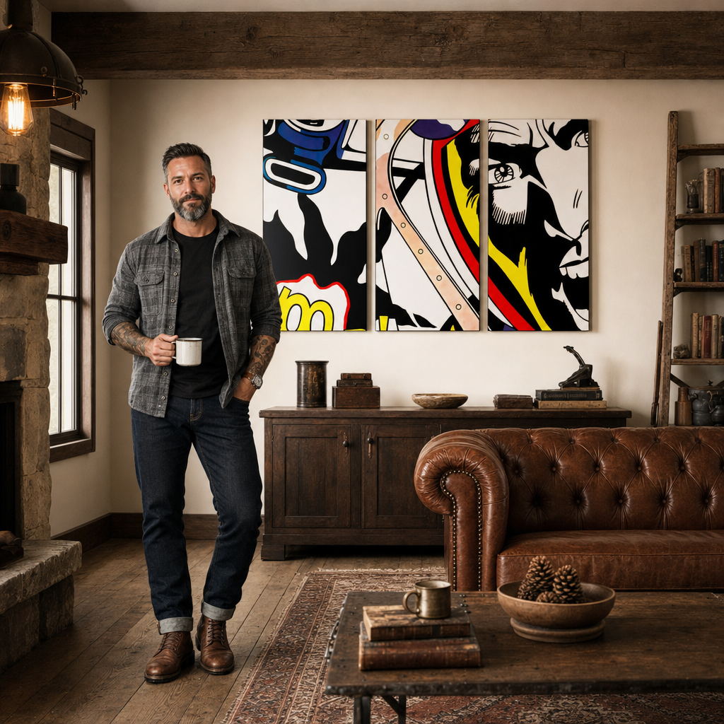 Kézzel festett POP Art festmény LICHTENSTEIN 3 db li – kép modern férfi belső térben, lifestyle vizualizáció. Domináns színek: fekete, sárga, piros, kék, fehér.