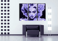 Pop art vászonkép motívummal: MADONNA, szivar, természet, állat lila-fekete árnyalatokban felakasztva az enteriőrben nappali számára, dicsőség és ikonográfia – enteriőr