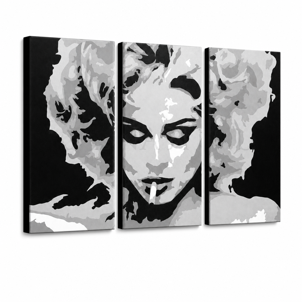 Kézzel festett POP Art festmény MADONNA 3 darab ma2 – 3D látvány a kézzel festett vászonról fehér háttéren. Domináns színek: fekete, szürke, fehér.