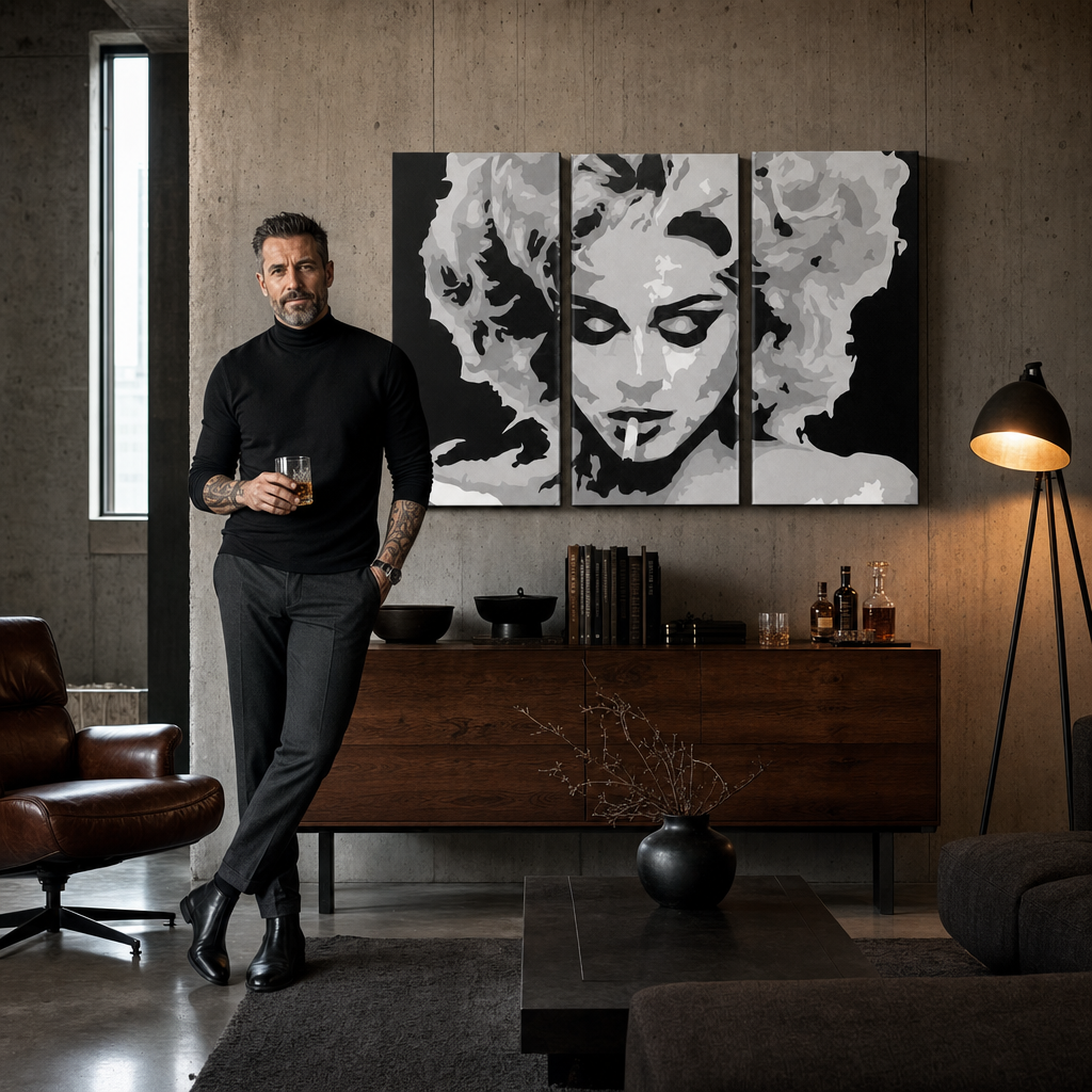 Kézzel festett POP Art festmény MADONNA 3 darab ma2 – kép modern férfi belső térben, lifestyle vizualizáció. Domináns színek: fekete, szürke, fehér.