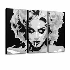 Kézzel festett POP Art festmény MADONNA 3 darab ma2 – 3D látvány a kézzel festett vászonról fehér háttéren. Domináns színek: fekete, szürke, fehér.