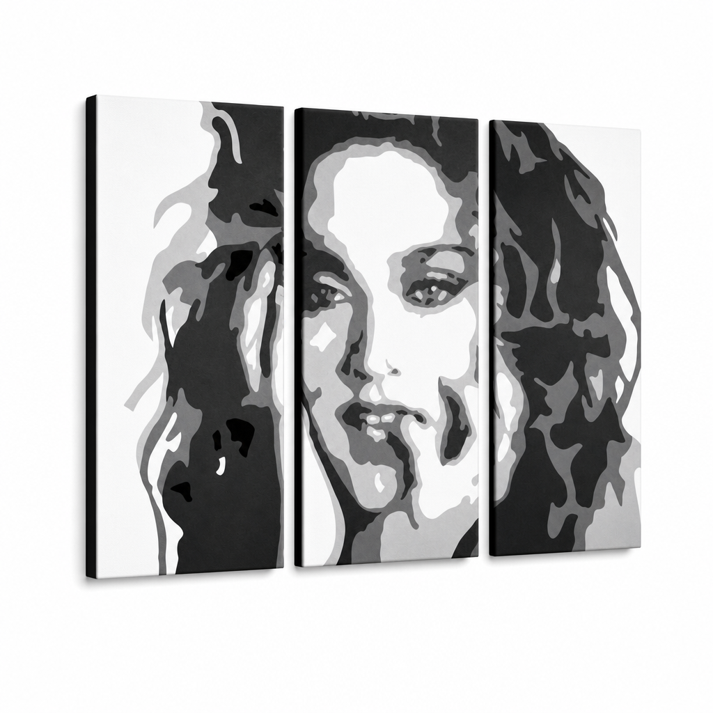 Kézzel festett POP Art festmény MADONNA 3 darab ma3 – 3D látvány a kézzel festett vászonról fehér háttéren. Domináns színek: fekete, fehér, szürke.
