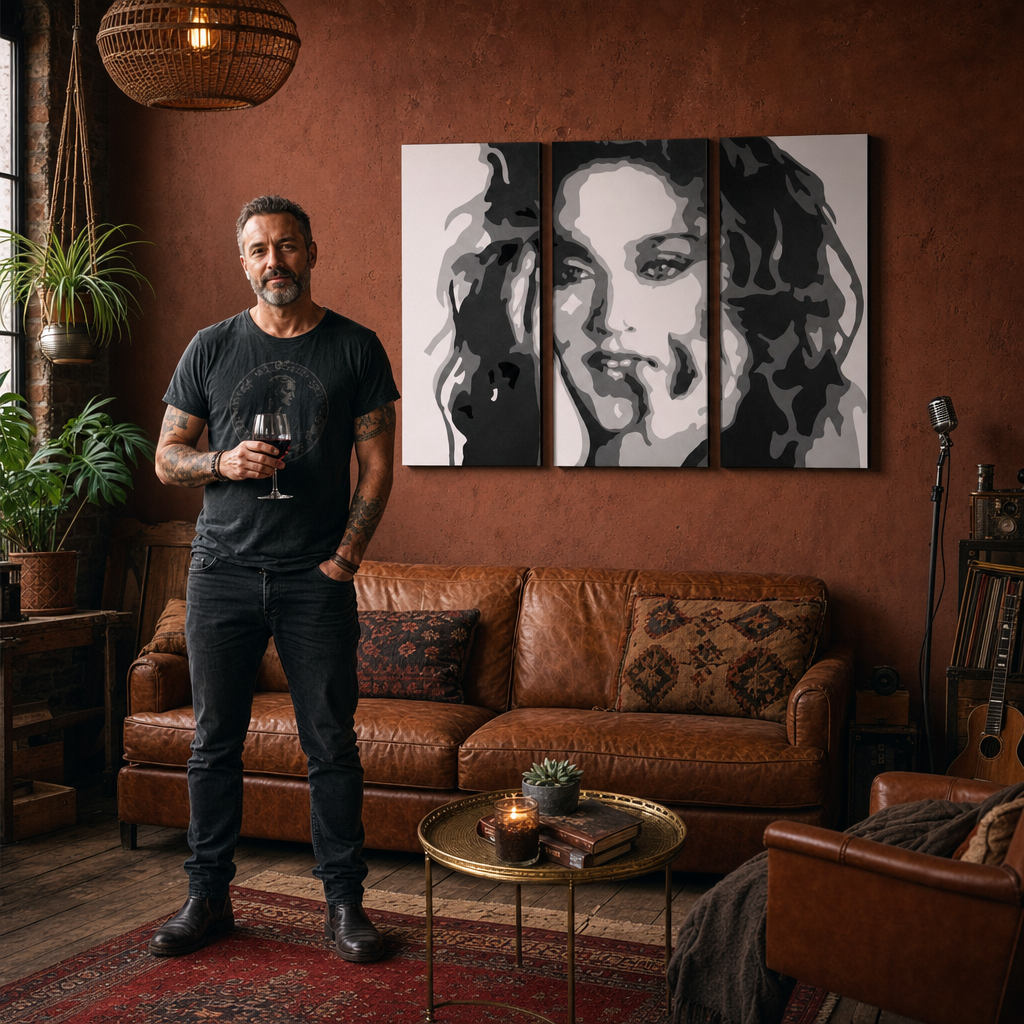 Kézzel festett POP Art festmény MADONNA 3 darab ma3 – kép modern férfi belső térben, lifestyle vizualizáció. Domináns színek: fekete, fehér, szürke.