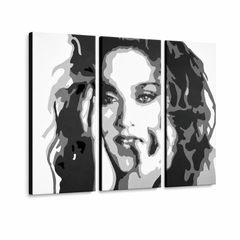 Kézzel festett POP Art festmény MADONNA 3 darab ma3 – 3D látvány a kézzel festett vászonról fehér háttéren. Domináns színek: fekete, fehér, szürke.