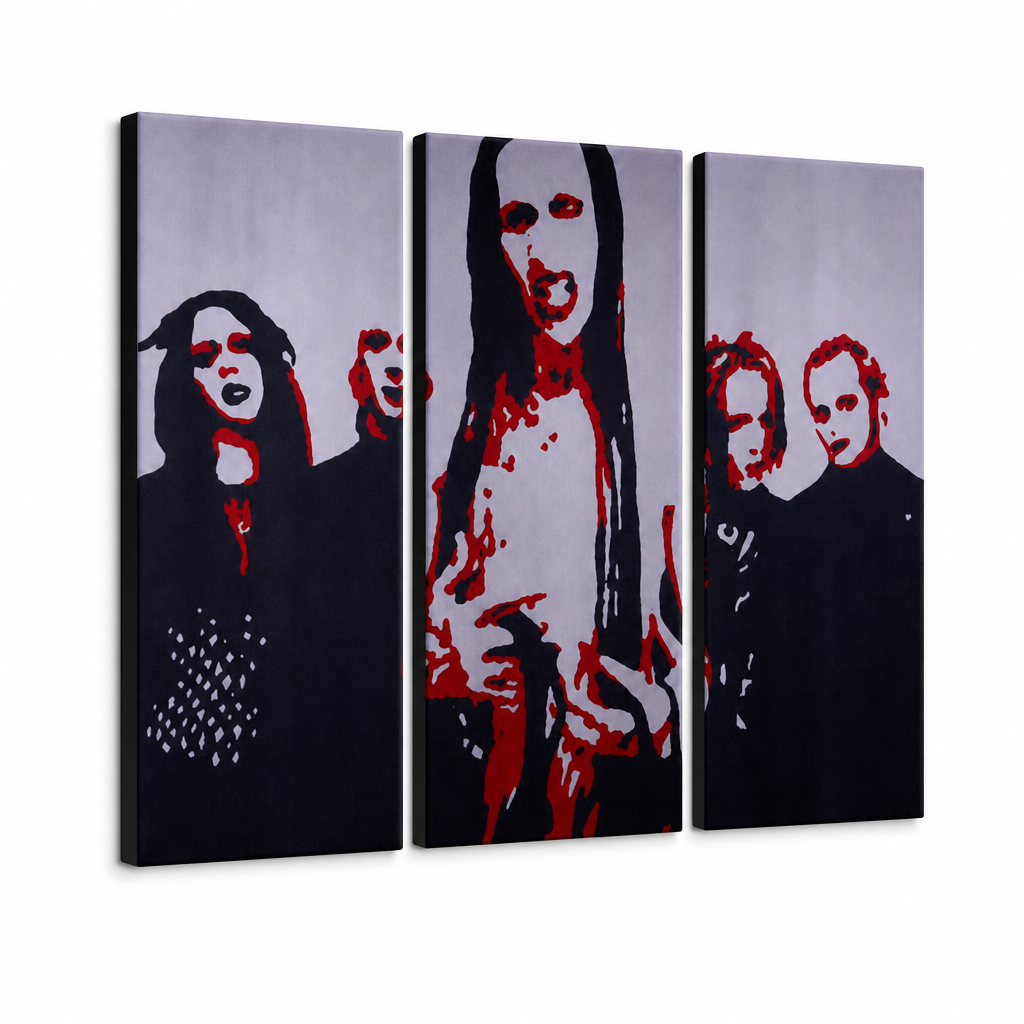 Kézzel festett POP Art festmény Marilyn Manson 3 darab mm – 3D látvány a kézzel festett vászonról fehér háttéren. Domináns színek: fekete, piros, fehér.