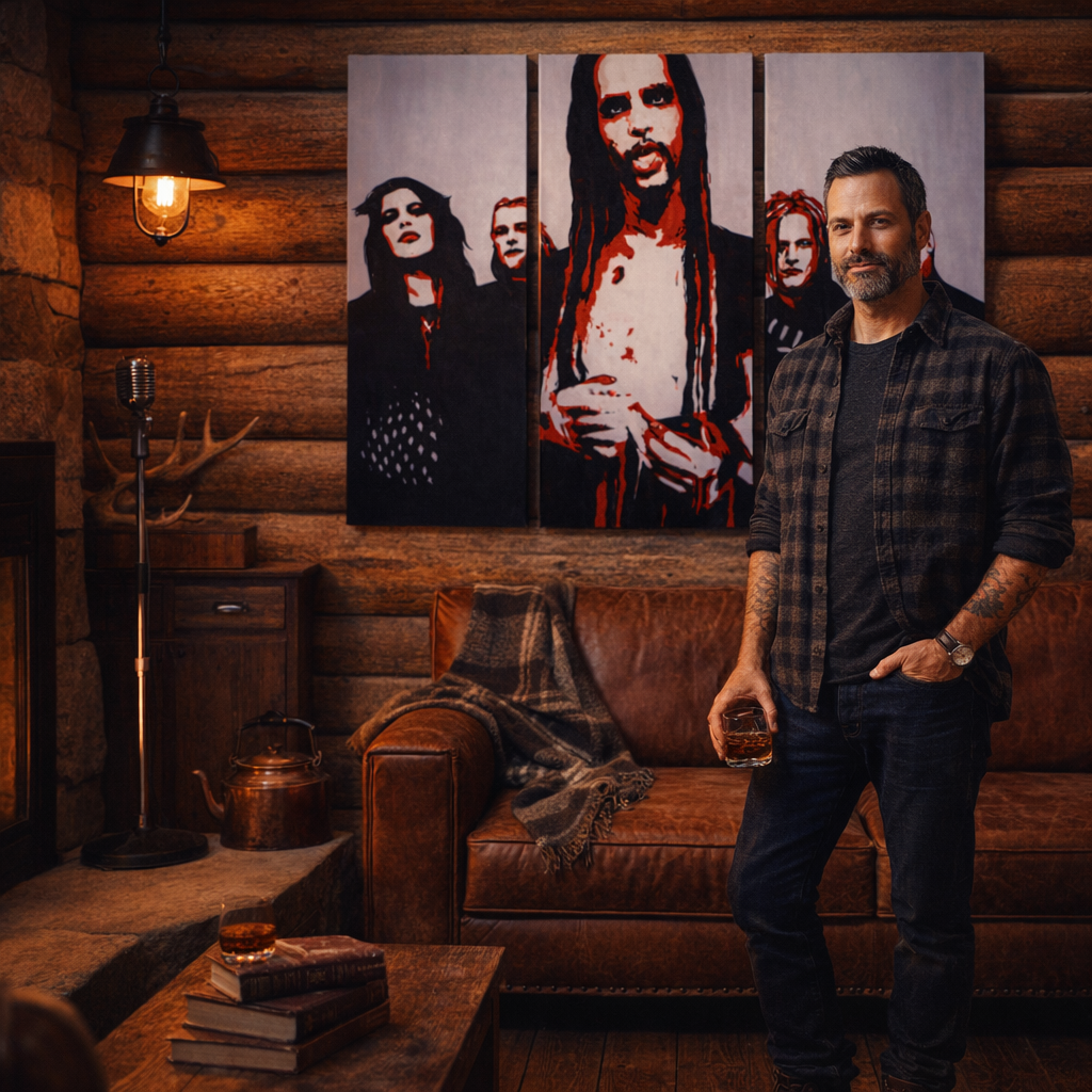 Kézzel festett POP Art festmény Marilyn Manson 3 darab mm – kép modern férfi belső térben, lifestyle vizualizáció. Domináns színek: fekete, piros, fehér.
