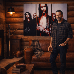 Kézzel festett POP Art festmény Marilyn Manson 3 darab mm – kép modern férfi belső térben, lifestyle vizualizáció. Domináns színek: fekete, piros, fehér.