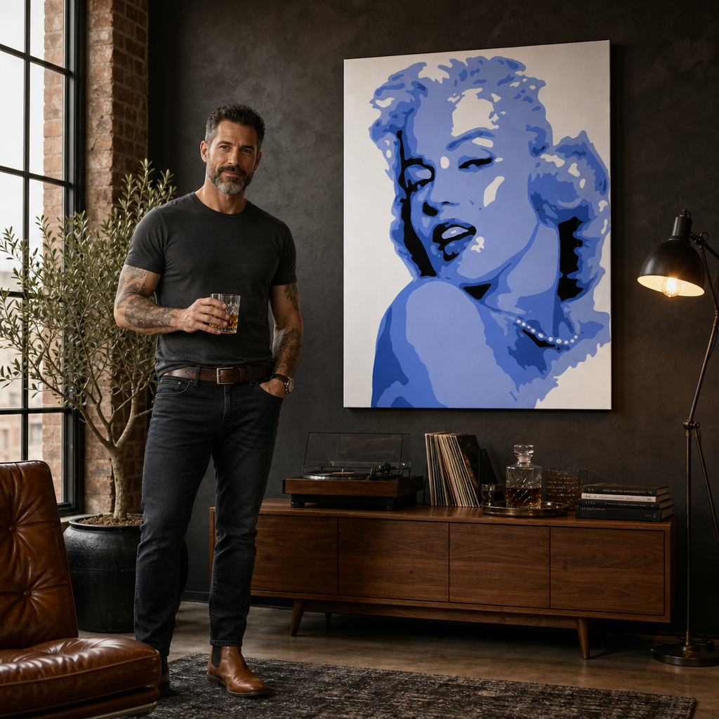 Kézzel festett POP Art festmény Marilyn Monroe 1 db mon – kép modern férfi belső térben, lifestyle vizualizáció. Domináns színek: kék, fehér, fekete.