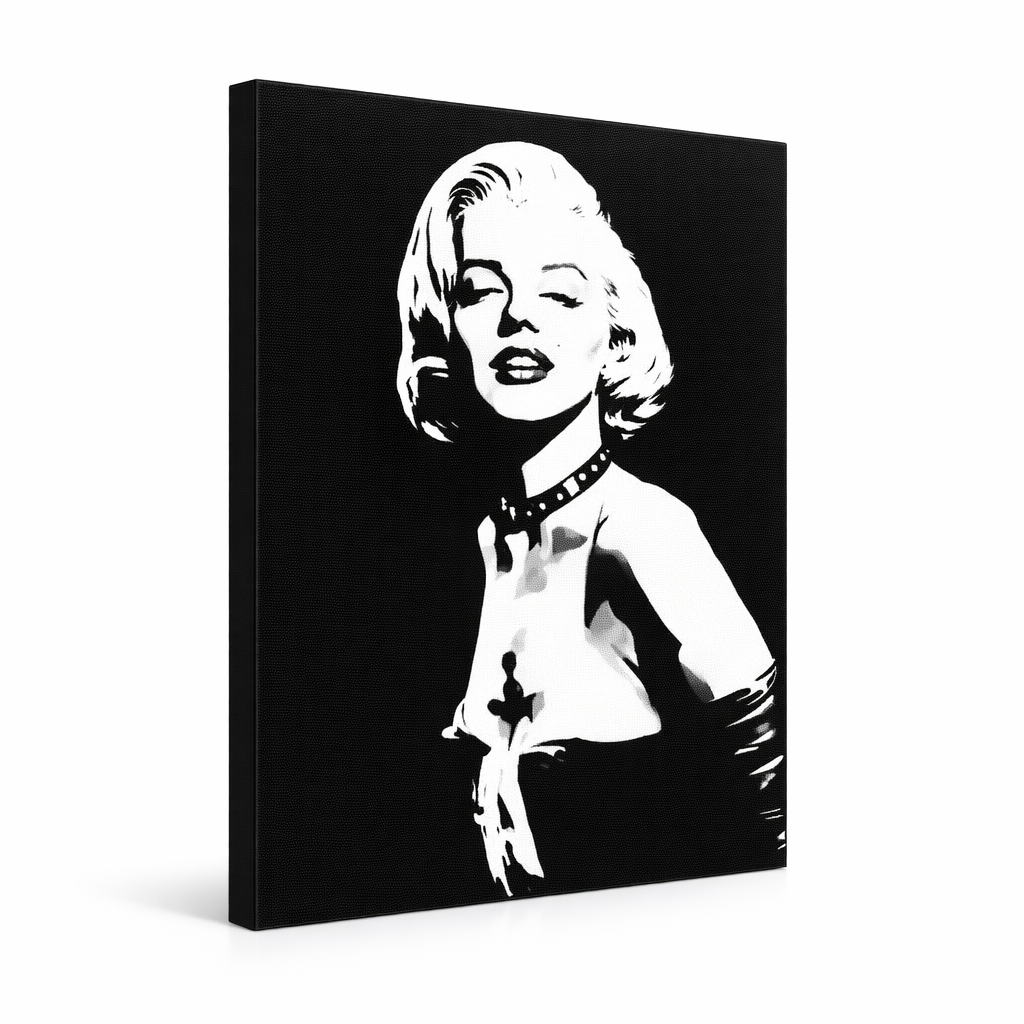 Kézzel festett POP Art festmény Marilyn MONROE 1 db mon5 – 3D látvány a kézzel festett vászonról fehér háttéren. Domináns színek: fekete, fehér, szürke.