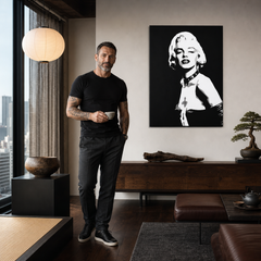 Kézzel festett POP Art festmény Marilyn MONROE 1 db mon5 – kép modern férfi belső térben, lifestyle vizualizáció. Domináns színek: fekete, fehér, szürke.