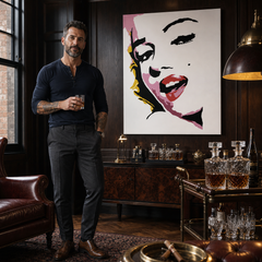 Kézzel festett POP Art festmény Marilyn Monroe 1 db mon7 – kép modern férfi belső térben, lifestyle vizualizáció. Domináns színek: rózsaszín, piros, fekete, sárga, szürke.