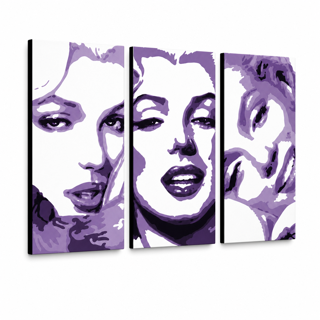 Kézzel festett POP Art festmény Marilyn MONROE 3 darab mon4 – 3D látvány a kézzel festett vászonról fehér háttéren. Domináns színek: lila, fehér, fekete.