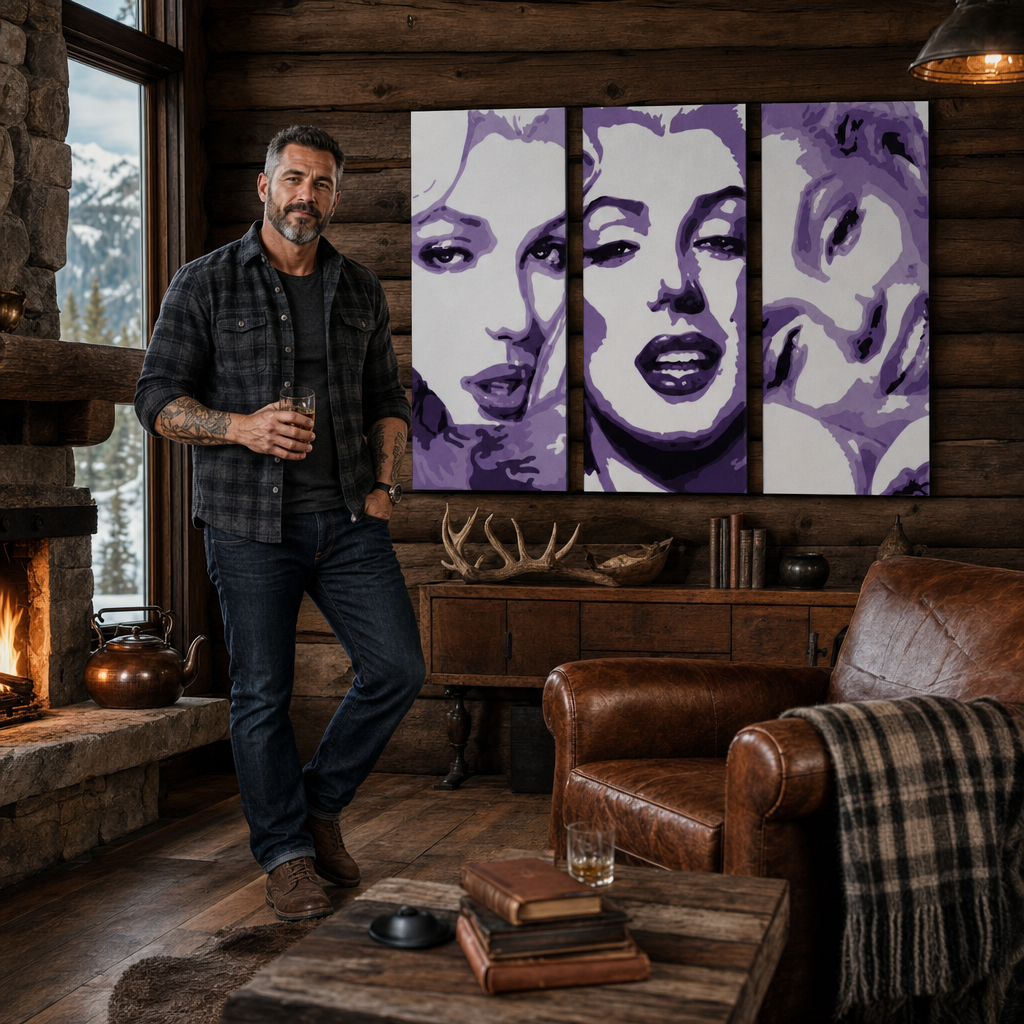 Kézzel festett POP Art festmény Marilyn MONROE 3 darab mon4 – kép modern férfi belső térben, lifestyle vizualizáció. Domináns színek: lila, fehér, fekete.