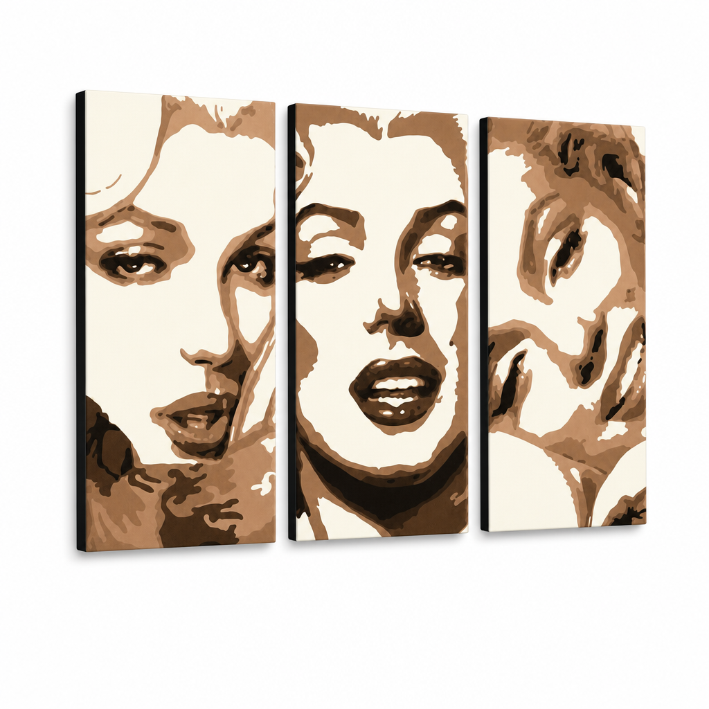 Kézzel festett POP Art festmény Marilyn MONROE 3 db mon1 – 3D látvány a kézzel festett vászonról fehér háttéren. Domináns színek: bézs, barna, fekete.