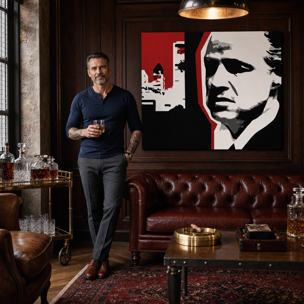 Kézzel festett POP Art festmény marlon brando 1 db mb8 – kép modern férfi belső térben, lifestyle vizualizáció. Domináns színek: fekete, fehér, piros.