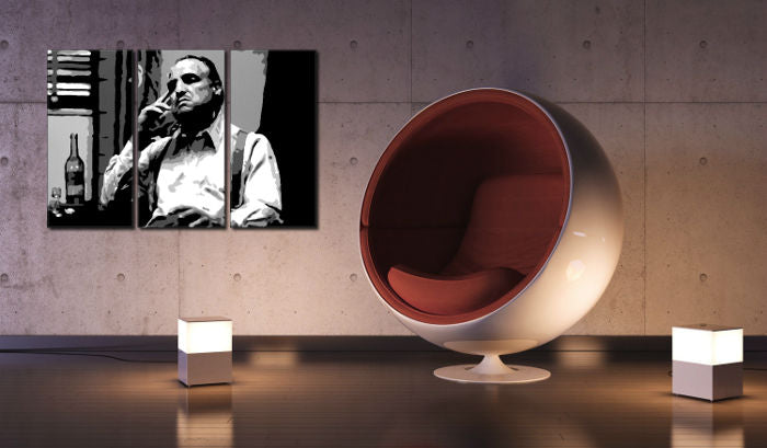 Pop art vászonkép motívummal: Marlon Brando, szivar fehér-szürke árnyalatokban felakasztva az enteriőrben nappali számára, intenzív hangulat, krimi dráma – enteriőr